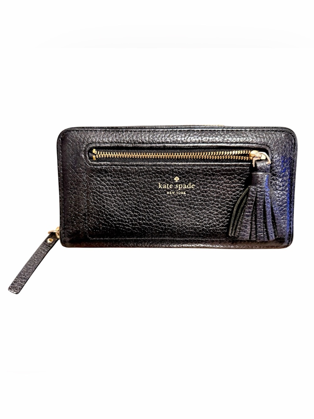Kate Spade Black Pebbled Leather Zip Wallet with Tassel and Gold Logo